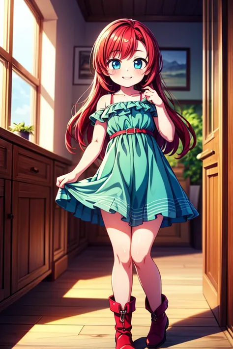 (masterpiece, best quality)  Boy, standing, indoor, intricate detail, sunlight, dark green frill dress, red boots, red hair, smile face, blue eyes, smiley and sexy expression, gorgeous  body, long legs.