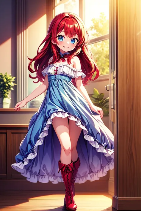 (masterpiece, best quality)  Boy, standing, indoor, intricate detail, sunlight, dark green frill dress, red boots, red hair, smile face, blue eyes, smiley and sexy expression, gorgeous  body, long legs.