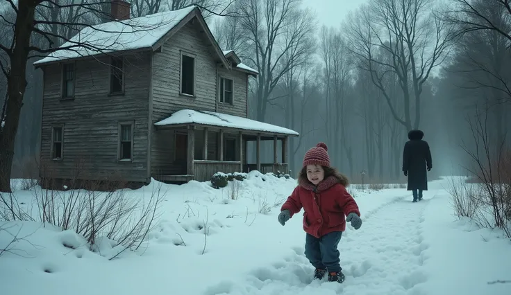 a horror scene of a  playing with snow outside a big old house and a man watching him from far away in the forest 