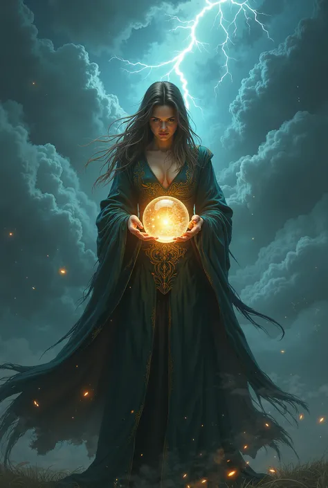 Female witch holds a crystal ball in the sky during lightning and thunder 