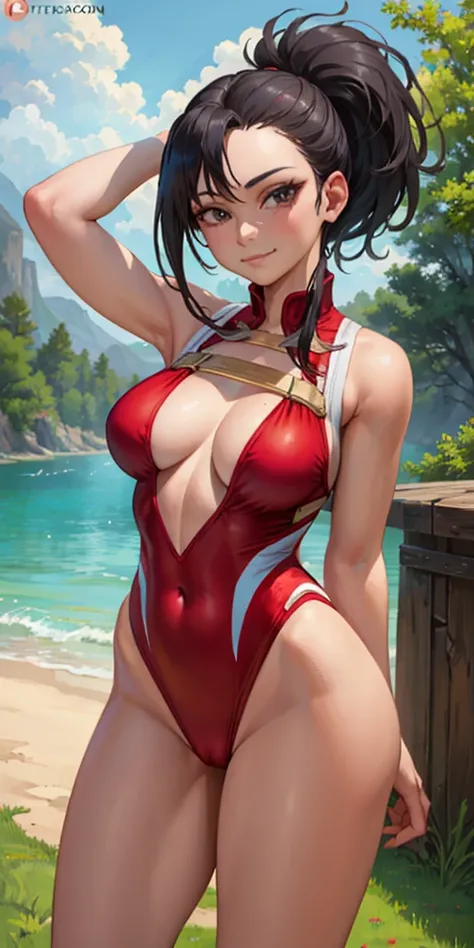 (masterpiece, best quality:1.2), cowboy shot, solo, 1girl, yaorozu momo, smile, closed mouth, look at the viewer, hands behind the head, squats, legs spread, red swimsuit