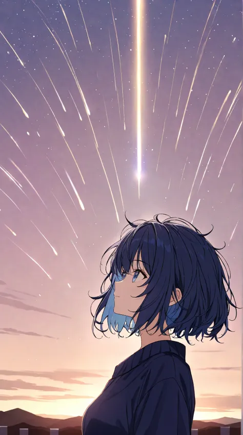  cute young woman, Navy Blue Hair, Messy Hair,  Bob Hairstyle, Looking up at the sky、evening、Meteor Shower