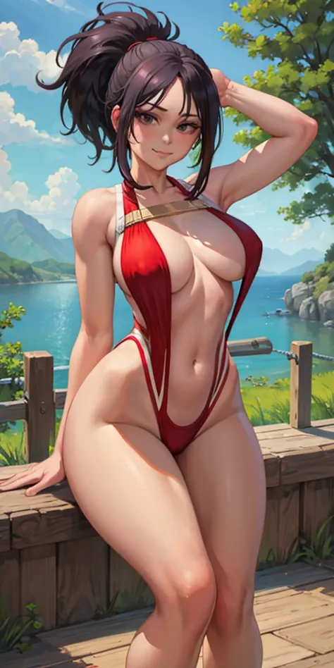 (masterpiece, best quality:1.2), cowboy shot, solo, 1girl, yaorozu momo, smile, closed mouth, look at the viewer, hands behind the head, squats, legs spread, red swimsuit