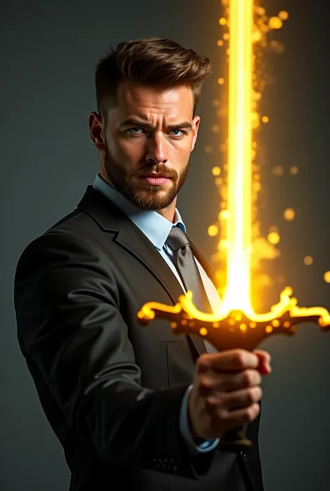 Handsome tall and strong white man with short brown hair with short beard wearing a black suit with a light blue shirt and silver tie bewitching a sword with yellow light magic