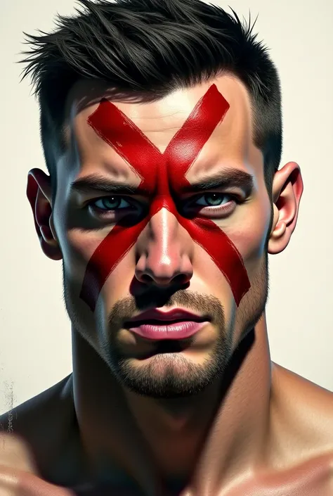 Create a male face with a huge x painted on the forehead 