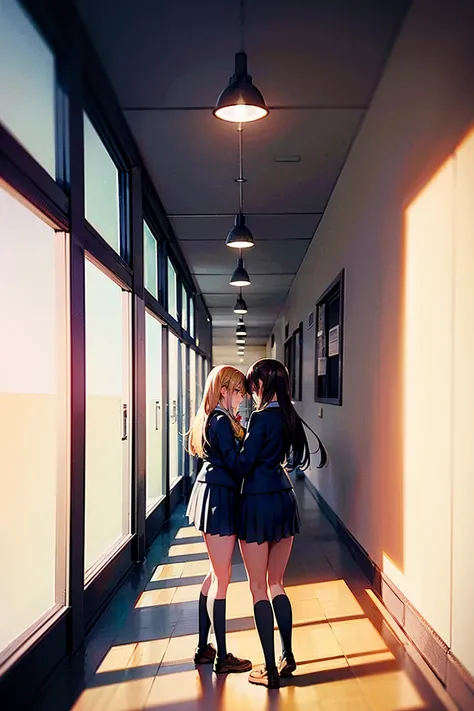 High school girls wearing uniforms from the same school have their backs on both walls in the deep hallway of the school and are looking at someone to greet them、extremely long shot and wide shot, 