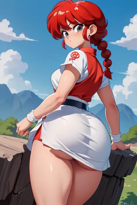 (8k, Foto RAW, La mejor calidad, Obra maestra:1.2), , young teen ranma, RanmaChan, RanmaRedShirt, (ULTRA FEMININE, RANMA GIRL, BEAUTYFUL , SEXY, MINI WHITE SKIRT, SHOW HER BOOTY, NICE ASS