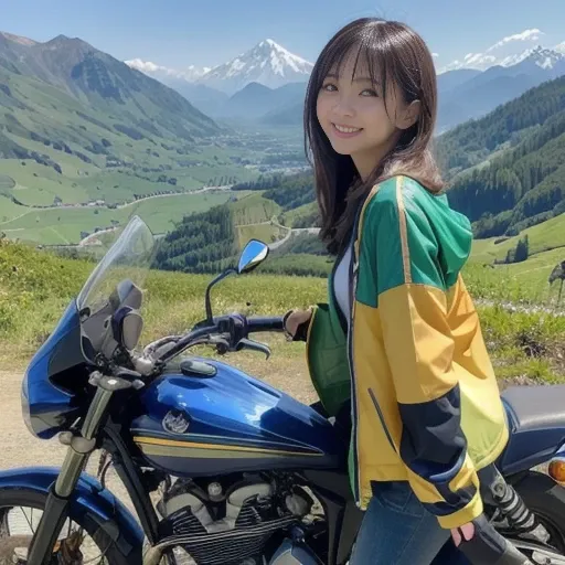 A scene of a woman cornering on a naked motorcycle, wearing a colorful riding jacket, turning a corner in a hang-off pose, a dynamic angle with a mountain pass in the background, green mountains and a blue sky spreading out, and sunlight shining on the wom...