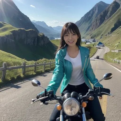 A scene of a woman cornering on a naked motorcycle, wearing a colorful riding jacket, turning a corner in a hang-off pose, a dynamic angle with a mountain pass in the background, green mountains and a blue sky spreading out, and sunlight shining on the wom...