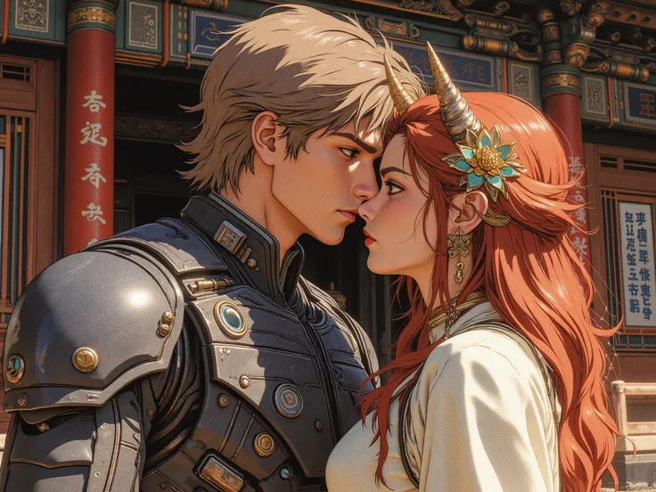 A guy in his twenties, with short light brown hair and brown eyes, in a dark grey police uniform with high-tech elements, touches the lips of a redhead , a long-haired girl , With turquoise , with two small horns on her head and a golden lotus flower cli...