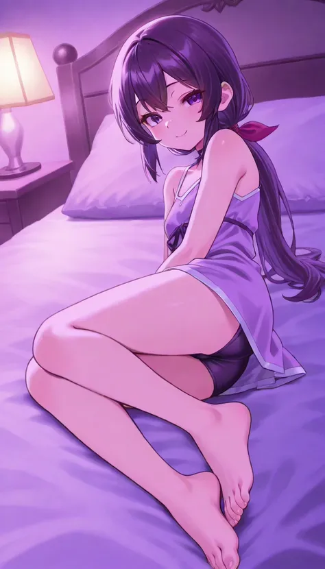 (change:1.8) 、(( anime style 、Cell look visual))、Little Sister    (purple shadow), , (A brutal and seductive smile ),   cute ,  In the bedroom , feet, ,   low ponytail ,   sleeps on her side,   long hair, enjoyment on the body 