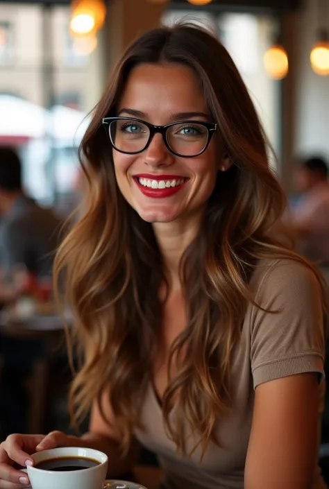 A beautiful young attractive elegant woman with Italian model face flirty smile with glasses, long wavy light brown hair, red lips, blue eyes, glowing skin, in casual clothes drinking coffee and cake in a luxurious restaurant in Italy you can see the Leani...