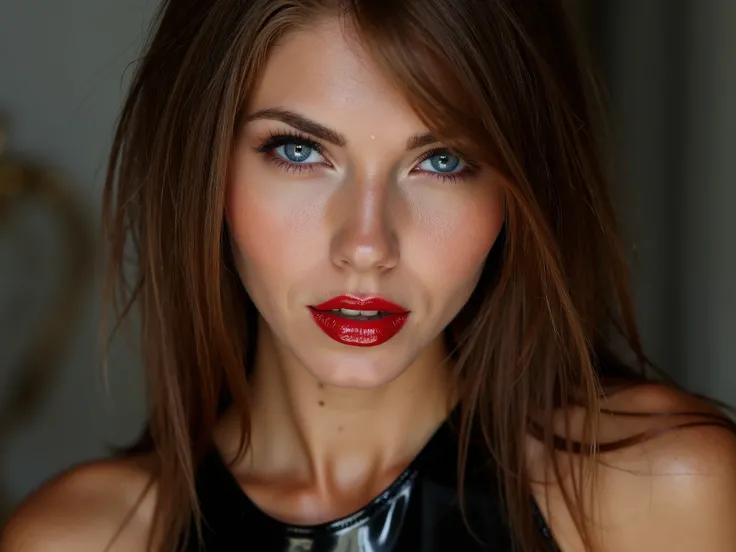 face close up, latex rubber dress, deep red lips, lip gloss, shiny lips, bright brown hair