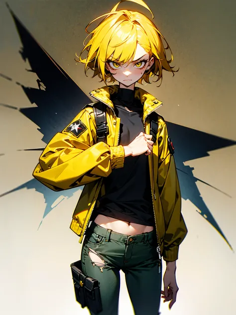 A short, wiry woman with buzzed yellow-dyed hair and sharp, angular facial features. She wears a torn yellow jacket and cargo pants, giving her an almost punkish look., evil expression