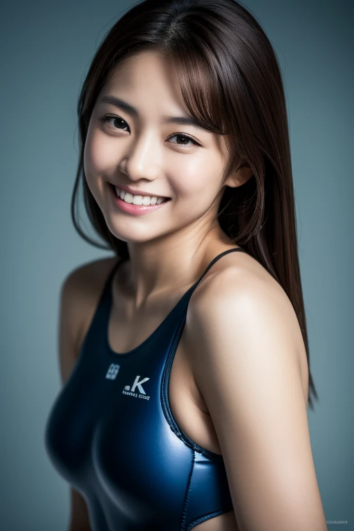 The beauty of 8K raw photos:2.0, Japanese woman, brown hair, beautiful face and dark eyes, looking up, looking at the viewer:1.5, big smile, wet hair, tiny top, put hands on the hip, (blue swim suit:1.2), shinny skin, realistic:1.9, very detailed, full bod...