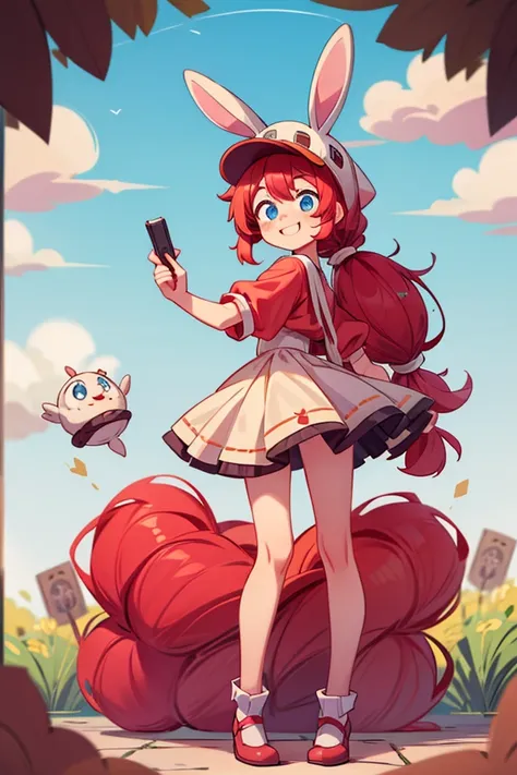 masterpiece, best quality, cinematic photo of smile, red long hair, two ponytails, blue eyes, bunny hat, , photograph, film, highres, full body