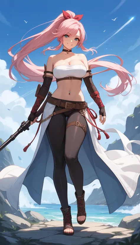 1woman, solo, weapon, very long-hair, pink-hair, ponytail, large-breasts, cleavage, elbow-gloves, fingerless-gloves, ribbon-choker, bandeau, belt, miniskirt, Belly button piercing,leggings, fantasy, light-warrior, smile, blush, holding-weapon, holding, sta...