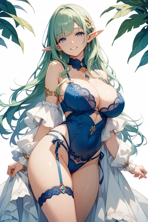 masterpiece, best quality, ultra detailed 8K、 looking up(perfect finger)、(perfect hand)、(elf)(elf)、(green hair)、(long hair)、(blue eyes)、(Smile)、( big cleavage)(open reg)、(open reg)(beautiful hip)、(perfect leg)、(blue lingerie)、(white background)