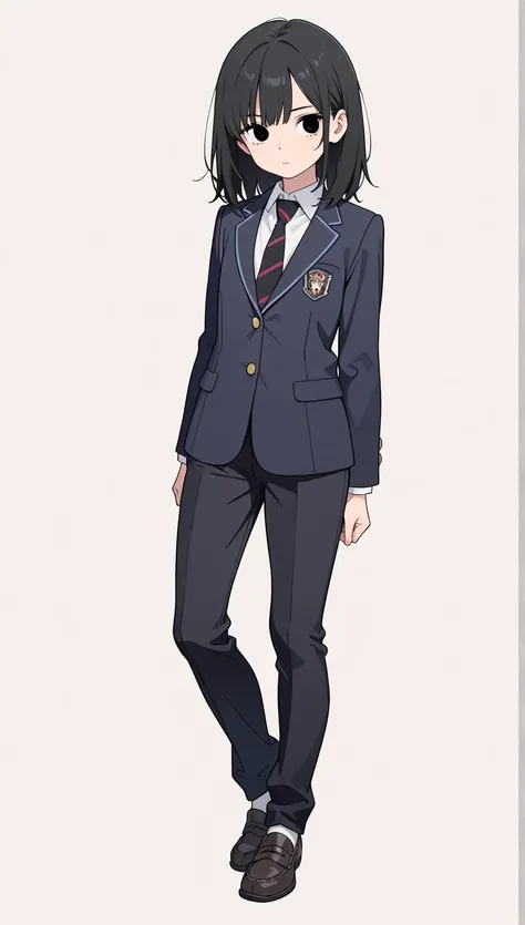 1 girl, full body, have high athletic ability , BLACK SCHOOL UNIFORM , blazer, pants,  close blazer, white shirt, black hair, black eyes, medium hair, flat chest, top quality, Masterpiece, complicated details, tone mapping , sharp concentration, Super Deta...