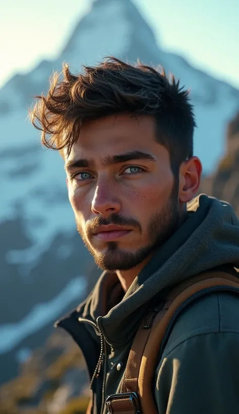 A teenager with a beard, a little exhausted, short black hair, beautiful detailed blue eyes, extremely detailed face, adventure mountain clothes, serene gaze, photorealistic, cinematic lighting, dramatic lighting, high contrast, warm color tones, realistic...