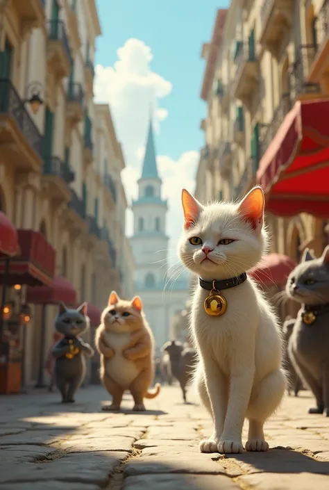 A scrappy, thin White cat with patchy fur and sad eyes wanders the streets of a grand city filled with wealthy, well-groomed cats. In the background, a sleek Persian cat with a golden bell on his collar sneers at Oliver, while other fancy cats laugh. The s...