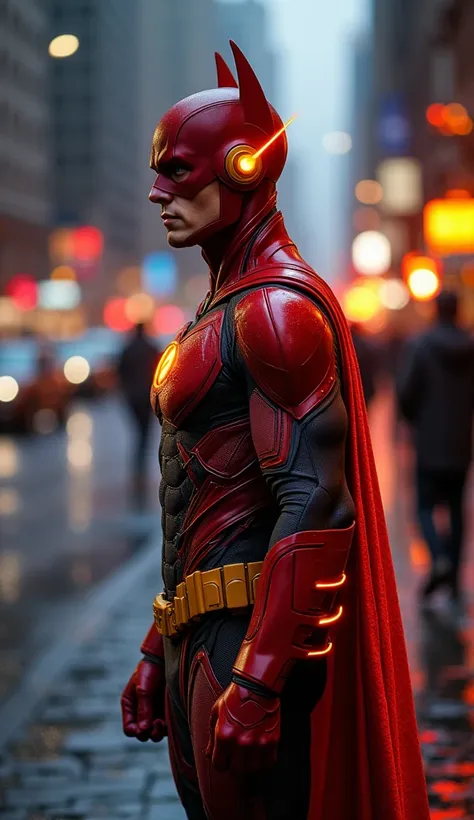 Batman fusion with The Flash, realistic, 8k, high quality, hyper realistic, high-tech, Batman mask and outfit, The flash logo, orange lightening, High tech outfit, blurred background in a street, pedestrian lights, Standing tall, 