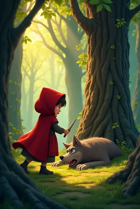 Animated image: Little Red Riding Hood behind a tree with a knife  with the wolf lying on the floor 