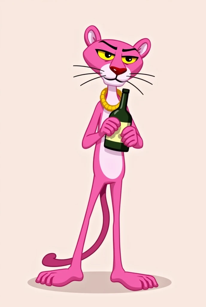 A pink panther with a gold chain and a bottle in her hand cartoon style 