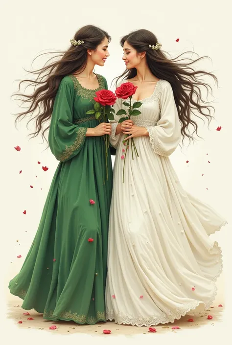 I want to implement a design on a white dress. This design is an epic design of two Iranian girls about , one is a fortune teller and the other is a flower seller. The fortune teller is on the left side of the picture and is holding a fortune teller on whi...