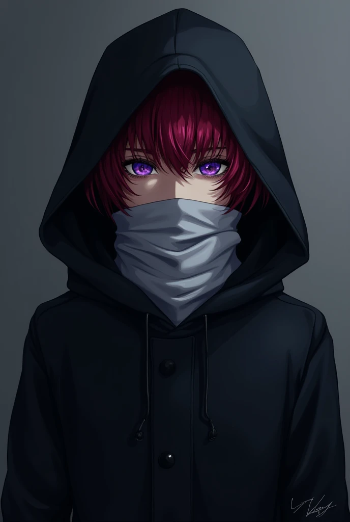 A teenage boy  , Dark red hair, purple eyes, Hoari noir long avec les manches longues , une écharpe blanche qui cache le bas du visage.