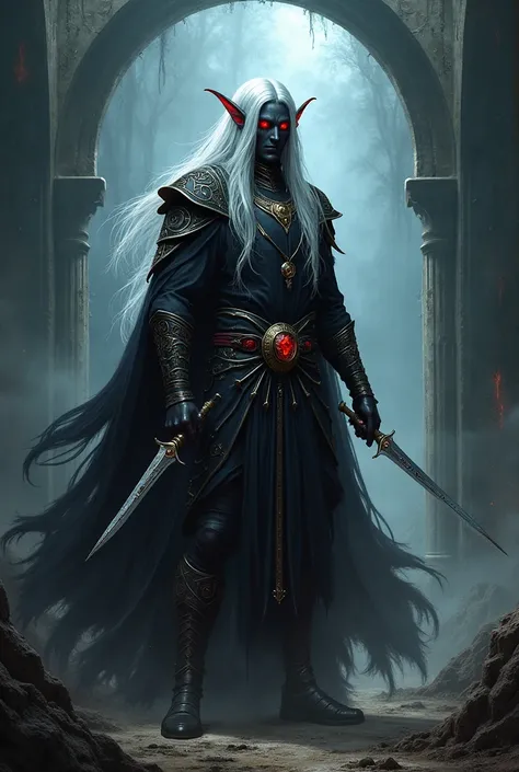 A role-playing character ,  of the dark elf race , With black skin, long white hair and red eyes, Sorcerer class , He wields two daggers and light armor,  and has a pact with the entity the great old