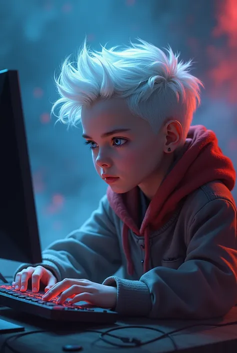 Generate a image of gaming category, 1 boy, boy so handsome and cute hairstyle is beautiful and colour white, background is foggy fog colour is blue and red. Image like gaming and image 2D