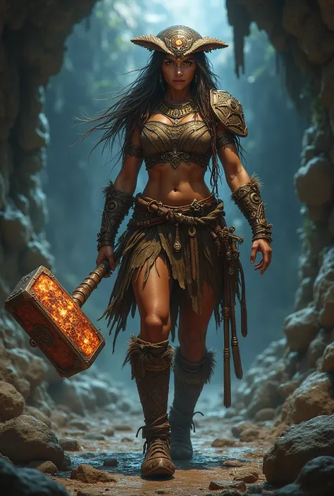 A female owlin, a barbarian class, strong and playful, carrying a magical bejewled copper warhammer, in the underdark