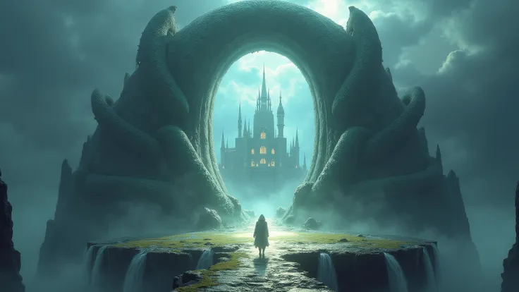 "A colossal celestial portal standing on a floating island, surrounded by misty waterfalls. Two enormous dragons coil around the arch, their scales shimmering like pearls. Inside the gate, a castle with glowing towers is visible. A hooded figure in white s...