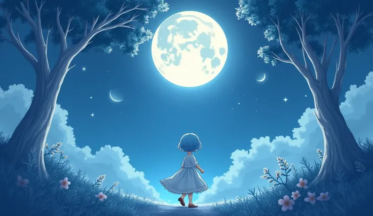  A girl wearing a white dress with sky-blue short hair walking under the moon in the sky, Trees with white branches,  Digital Art  inspired by Cyril Rolando, ,  Digital Art , Animation background,  A dreamy night , holding hands On the moonlight,  4K carto...