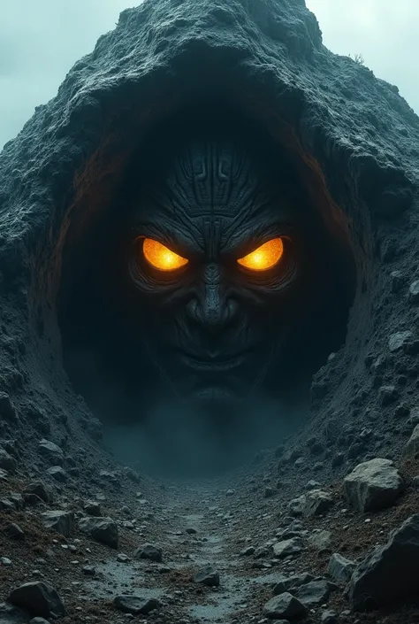 a giant pair of evil eyes in the top opening of a caved in black, metal, mountain, highest definition, highest detail, highest quality 