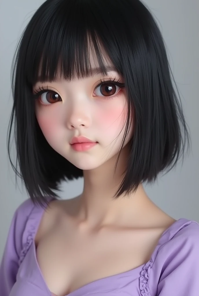 I want a picture of a white Asian girl,bob bang black hair , Slightly dark eyebrows ,  face profiles , Brown eyes and straight hair and wearing a light purple dress, a straight face, a virtual reality image.