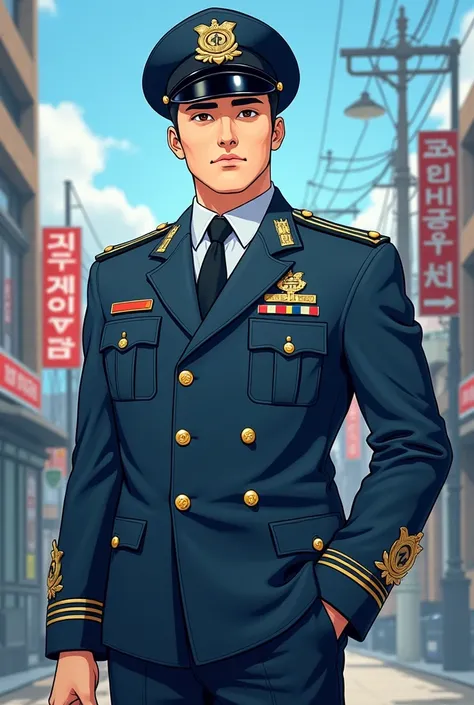 Character Kwak Ji Chang from webtoon Lookism wearing Korea Police uniform 