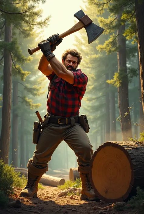 a lumberjack cutting wood with a dynamic pose