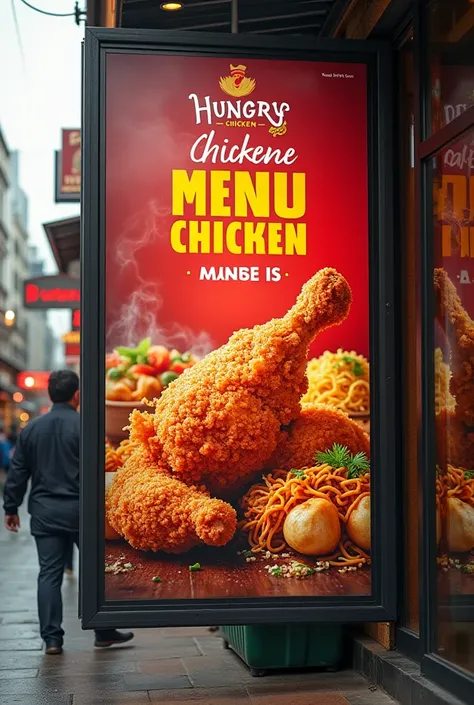 Big banner needed for my fast food restaurant "Hungry Chicken" we serve briyani,Momos,fried chicken and chawmin noodles