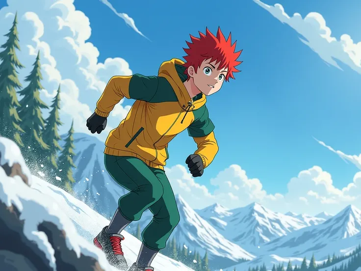 creer une image d'anime 5 garçon adolescent 
cheveux rouge et noir uniform de sport jaune et vert entraint de courir sur les montagne contre d'autre etudiant qui les poursuivit 
capture d'écran d'anime.