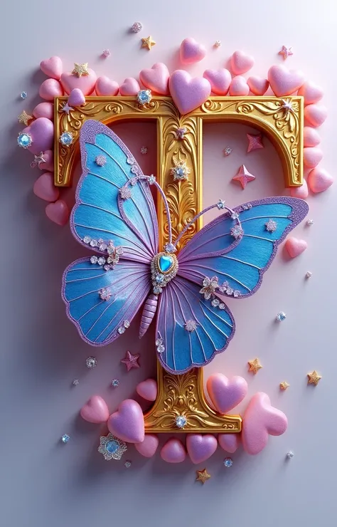 A captivating 3D rendering of a typographic masterpiece featuring an elegant letter “T” in a luxurious gold font. The letter “T” is embellished with a stunning metallic blue and lavender butterfly, adorned with intricate floral patterns and a dazzling diam...