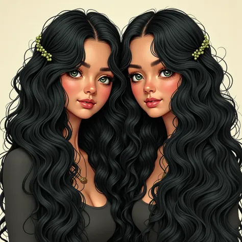  2 girls，Wavy black hair with super long hair that reaches all the way to the floor，Curly Hair， dark eyes， open your mouth,  Hi-Res,  highest quality,  textured skin， long hair with waves up to the floor with grayish green horizontal hair tied to the floor...