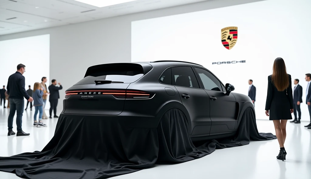 A captivating image of a ( sorsche  cayenne modern ( black ) taking center stage in a showroom, partially covered with a(  black) and(  black) cloth displaying a prominent (black  ) logo, being unveiled by ten people. The car is a vibrant(  black) with a s...