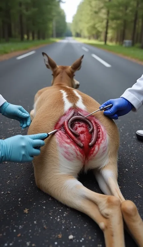 A deer is lying on the road with a wound on its back, blood and worms are coming out of it. Seeing this, two doctors come and put a speculum on its wound and bandage it. It looks exactly like the real thing.