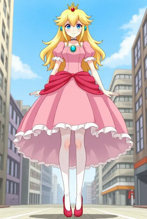 score_9, score_8_up, score_7_up, score_6_up, score_5_up, score_4_up, Source_Anime, high quality, highly detailed, (Extremely detailed), 1.5, full body view 1girl,  princess peach, blonde hair, blue eyes, long hair, high heels, city, Marco, giantess, giga s...