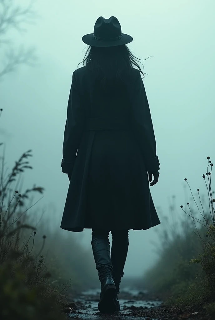 cena: Selene seen from the back ,  her silhouette partially covered by fog .  His firm posture ,  but the weight of the mission seems to reflect on her determined walk.
details:  Her mantle moves with the wind ,  small dewdrops visible on the nearby vegeta...