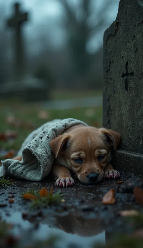  A emotional and sad set in a dark place,  deeply wet graveyard during a strong storm .  at the city centre, A small one, frail puppy ,  visibly dirty and covered with mud ,  lies next to an old man ,  frayed headstone .  The puppy appears malnourished ,  ...