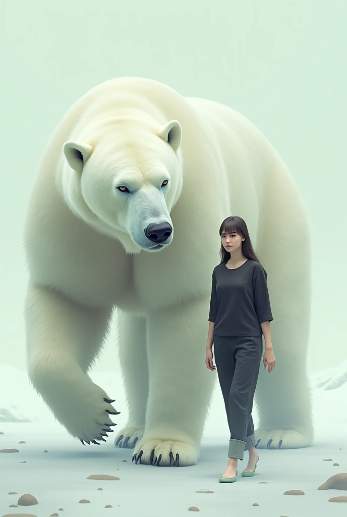 A woman dressed in black cansual walks along with a giant polar bear walking together