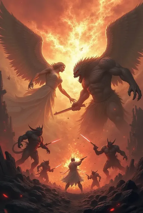 An epic battle between colossal angels and destructive demons